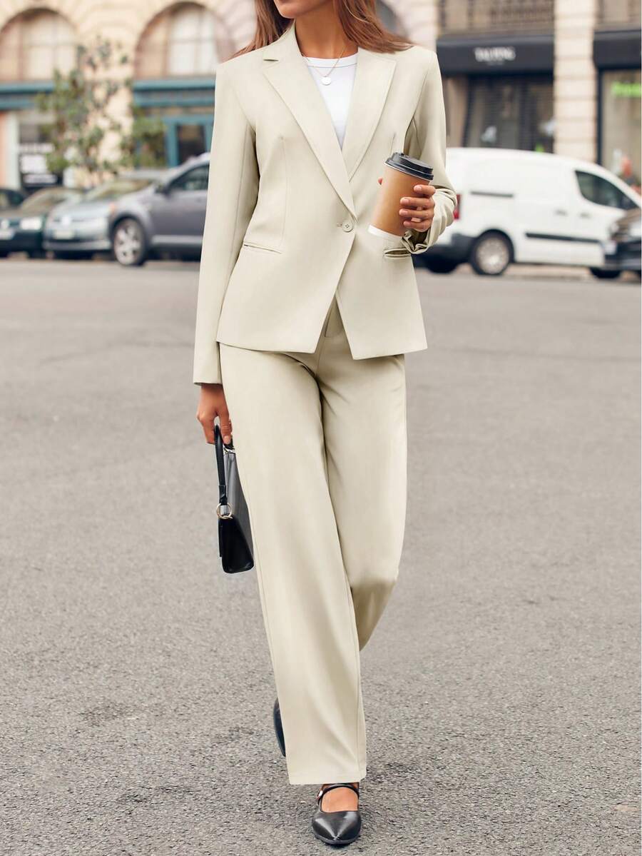 Casly Lamiit Women Plain Long Sleeve Suit Collar Regular Top And Pants Set Elegant Composite Fabric Suit With Pockets - 米色 - 查看 1