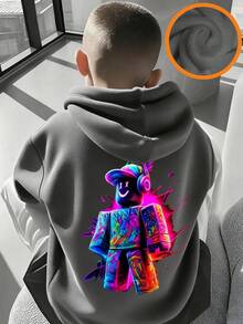 Tween Boy Graphic Print Thermal Lined Sweatshirt, Warm & Comfortable For Autumn/Winter - Dark Grey - View 3