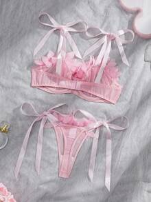 2pcs Sexy Lingerie Set For Women, Includes Sheer Mesh Floral Lace Bra And Strappy Garter Panty, Suitable For Valentine's Day, Private Parties, Intimate Occasions, And Gifts