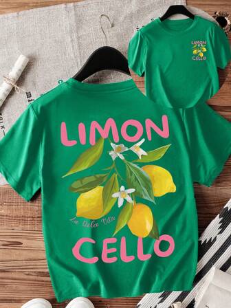 女式柠檬水果图案宽松圆领短袖休闲 T 恤，夏季