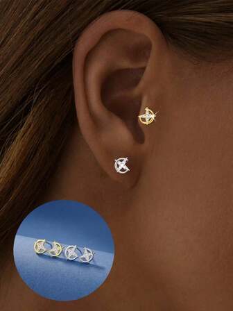 1 pieza Pendientes de botón de estrella y media luna de plata 925 - Pendientes de moda como regalo para mujeres