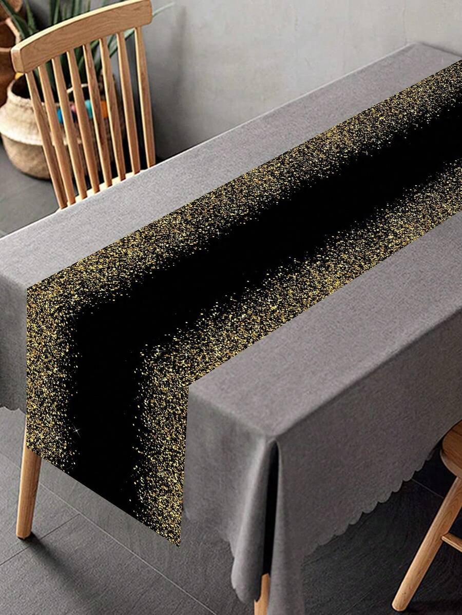 1件黑色和金色生日快乐涤纶桌旗，闪亮水钻印花桌布，2026新年派对桌布，生日庆祝派对用品，厨房和餐桌装饰，圣诞节，家居装饰，生日和新年派对装饰，家居装饰品。 - 2026年新年 - 查看 1