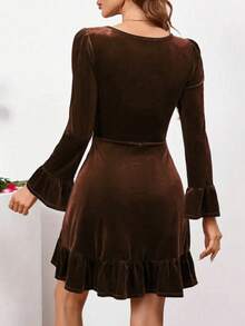 Elegant Velvet A-Line Mini Dress, Ruffle Hem, Long Sleeve, Round Neck, Suitable For Party - Brown - View 3