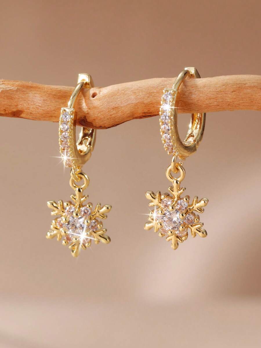 1 par de pendientes de aro con copo de nieve de aleación de zinc y circonita, regalo para mujeres - Multicolor - Ver 1