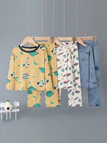 6pcs/Set Boys' Cartoon Astronaut Print Lightweight Long Sleeve Pajama Set, Spring/Autumn - Multicolor - View 1