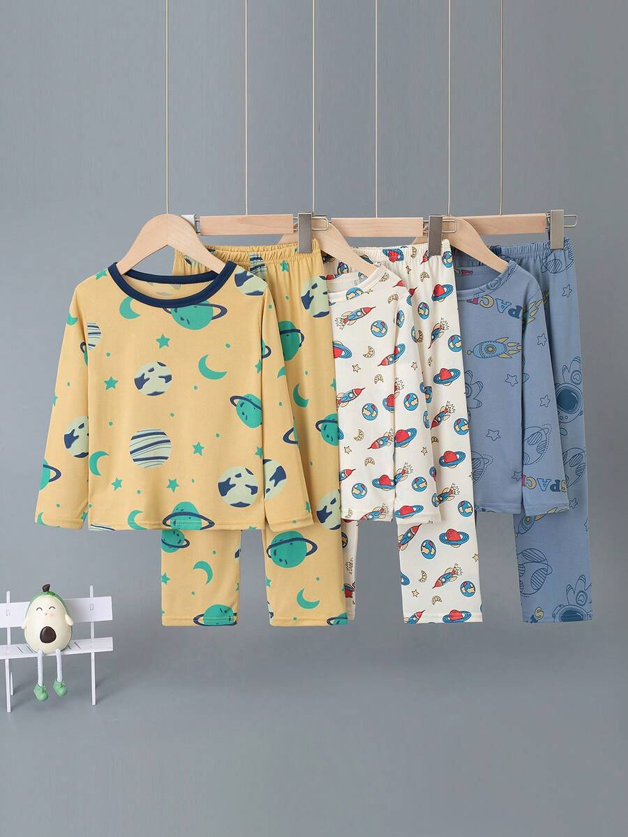 6pcs/Set Boys' Cartoon Astronaut Print Lightweight Long Sleeve Pajama Set, Spring/Autumn - Multicolor - View 1