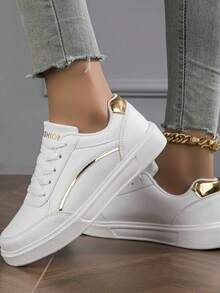 Women's Multi-Color Low-Top Sneakers: Metal-Trimmed Casual Shoes, Comfortable Flat White Shoes - 金色 - 查看 1
