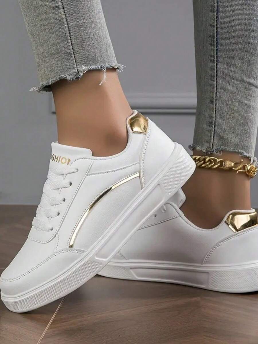 Women's Multi-Color Low-Top Sneakers: Metal-Trimmed Casual Shoes, Comfortable Flat White Shoes - 金色 - 查看 1