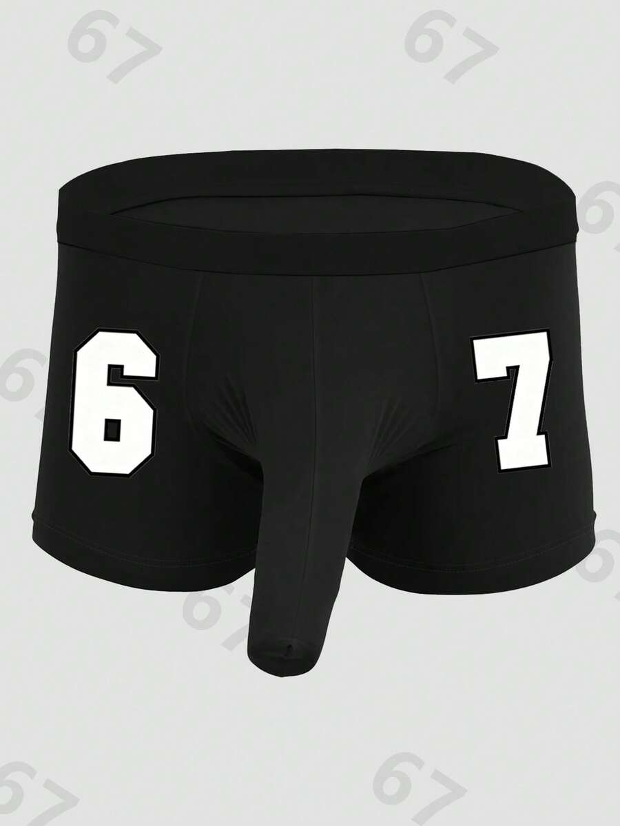 Men's Black Elephant Trunk Pouch Underwear With Numeric "67" & Graphic Print, Comfortable Breathable Stretchy Everyday Boxer Briefs - Black - View 1