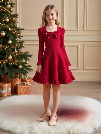 Flickklänning med fyrkantig halsringning, rosett, puffärm och åtsittande midja, lämplig för Halloween och jul