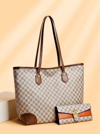 2pcs/Set Large Capacity Tote Bag & Wallet, Fashionable Shoulder Bag For Middle-Aged Women, Autumn/Winter