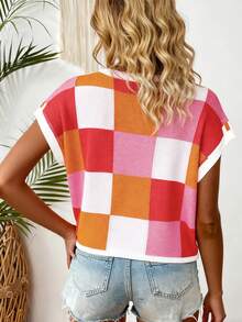 大码女装大码秋冬季彩色格子圆领时尚休闲有线毛衣大码套头针织毛衣背心 - 紅色 - 查看 3