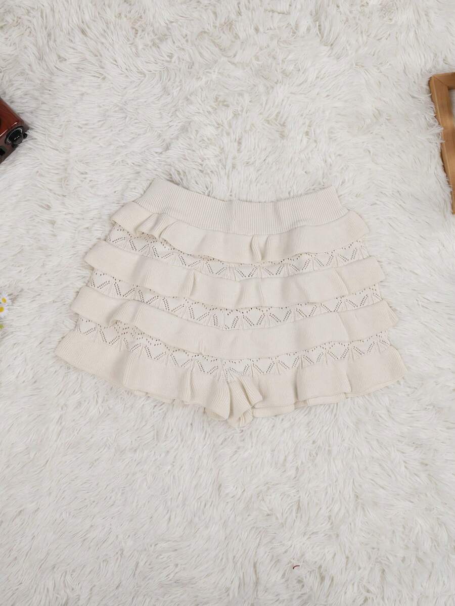 女士纯色可爱 Y2K 夏季弹力腰芭蕾甜美可爱白色荷叶边修身针织超短短裤夏季短裤海滩度假
