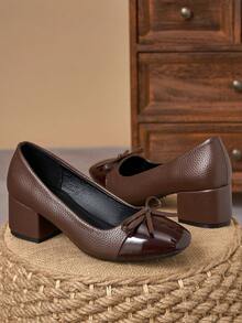 棕色漆皮双色方头蝴蝶结粗跟高跟鞋 – 5厘米 - 棕色 - 查看 1