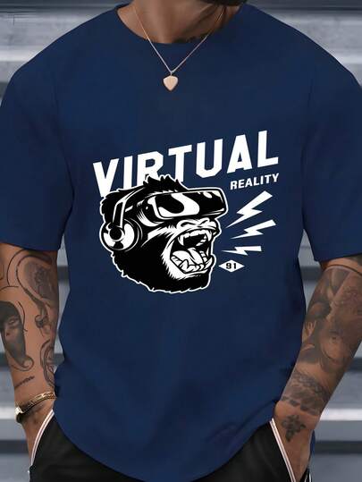 Camiseta de cuello redondo para hombre con estampado de gorila con gafas de realidad virtual y texto Virtual Reality 91 ideal para uso diario eventos sociales y temporada de verano