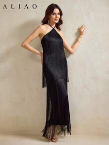 女士奢华露背吊带流苏连衣裙，适合夏季、海滩、派对、白色主题派对、复古风、宫廷风、宴会、情人节、毕业舞会、假日、节日及其他场合。 - 黑色 - 查看 5