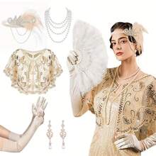 Bộ 5 món: Băng đô lông vũ phong cách retro thập niên 1920, khăn choàng đính sequin, vòng cổ ngọc trai giả, bông tai, găng tay đen - Phụ kiện trang phục cho dạ hội hóa trang, tiệc tùng, váy dạ hội trang trọng, đi biển, kỳ nghỉ, phụ kiện, đồ dùng cần thiết khi đi du lịch. - Nhiều màu - Xem 24