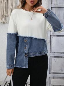 Women's Elegant Patchwork Sweatshirt Top, Spring/Autumn - White and Blue - View 3