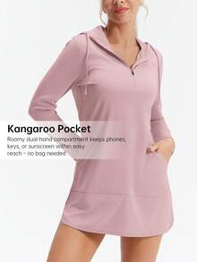 HOTSUIT Women's Hooded Long Sleeve Shirt With Pockets, Half-Zip Design, Suitable For Lightweight Outdoor Sports Like Running And Fishing In Summer - Pink - View 5