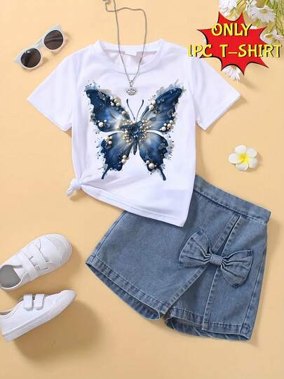 Adecuado para niños y niñas, [1 pieza] Camiseta de manga corta para niñas,  de moda, estampado de perlas y mariposas, camiseta de manga corta, ropa exterior cómoda para niños pequeños, regalo de ropa infantil, camiseta 100% algodón, múltiples tallas disponibles