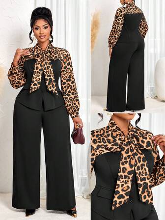 BIUBIU Plus Size Women's Elegant Long-Sleeve Top With Tie-Knot & Trousers Set For Autumn/Winter, Leopard Print Color-Block Two Pieces Set / Going Out Outfit / New Year Women's Clothes / Christmas Outfit / Office Wear