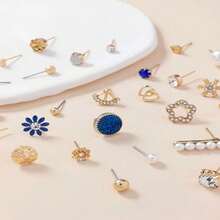 Girls Party Earring Set 30 Pairs Faux Pearl With Crystal Flower Leaf Design For Teens Gift - Gold - View 4