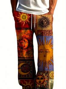 Men's Bohemian Print Full-Body Sun & Moon Design Wide-Leg Pants - Elastic Drawstring Waist & Side Pockets, Loose-Fit Winter Warmth, Vibrant Brown/Orange/Blue/Golden/Black/Red/Beige Tapered Leg Trousers For Casual & Formal Outfits, Machine Washable - Ideal For Home & Wear, Relaxed Fit With Cultural & Bohemian Style, Digital Print Fabric, Suitable For Autumn/Winter Use, Pants For Men, Suit For Men, Men Pants, Baggy Pants Men, Baggy Pants For Men, Trousers For Men, Fall Coat, - 彩色 - 查看 7