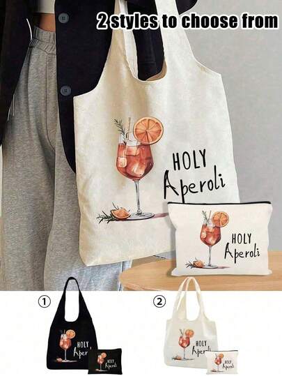 Bolso de lona con estampado de cóctel Aperoli y estuche cosmético - Bolso de hombro sin cierre con estampado de copa de vino y cóctel de Aperol, lavable a mano, gran capacidad con múltiples bolsillos para playa, compras y viajes, versátil para uso diario y organizador de belleza para mujeres, vuelta al colegio, adolescentes, compras, fiestas y regalo