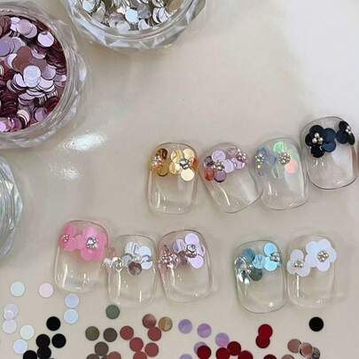 Bộ dụng cụ tự làm móng nghệ thuật gồm 1 hộp, họa tiết chấm bi và hoa, phối 3 màu bạc, hồng, vàng, gồm các hạt sequin tròn và vuông kích thước lớn, siêu mỏng và dễ sử dụng, phù hợp cho tiệm nail và tự làm tại nhà, phụ kiện trang trí móng tay đa năng.