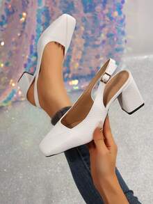 FVPFVP 2025夏季新款巴黎时尚白色鳄鱼纹方头高跟凉鞋，女款，粗跟，包头，系带 - 白色 - 查看 2