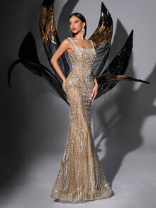 Sequin Beaded Backless Sleeveless Mermaid Dress - Apricot - View 5