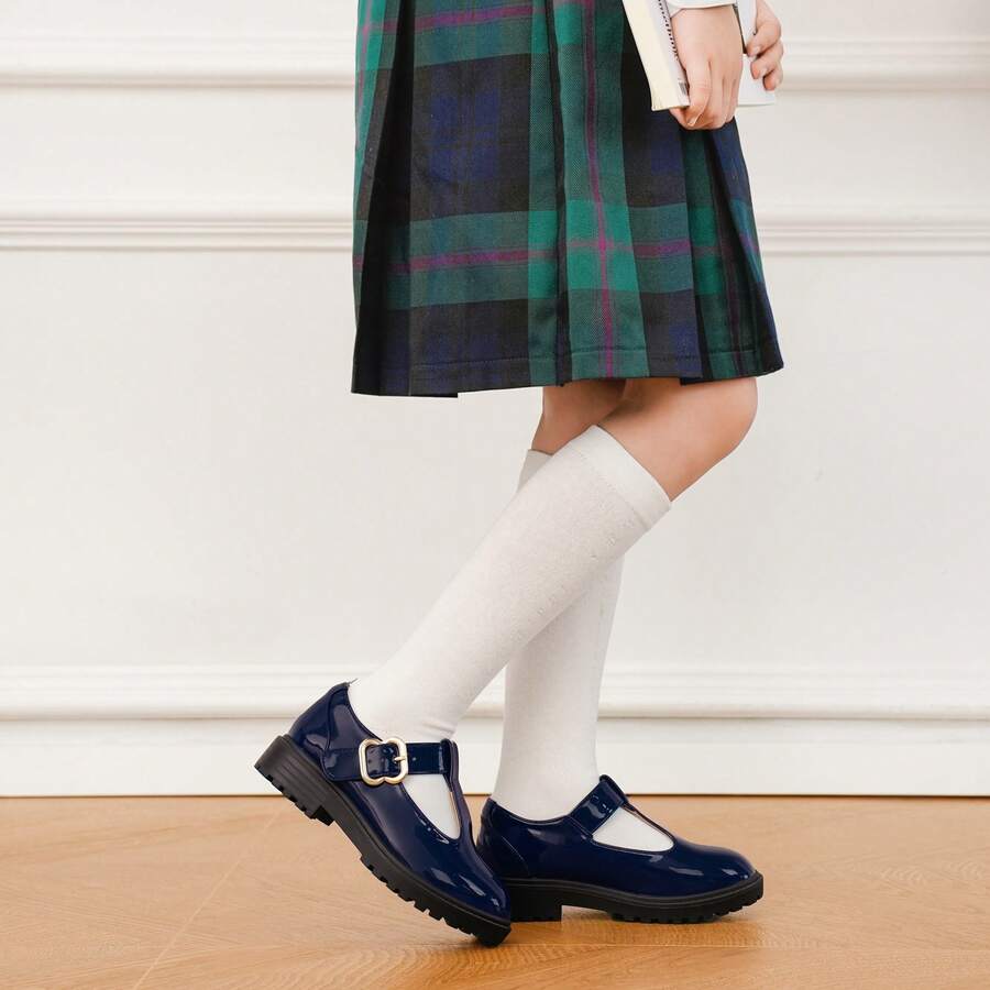Girls Shoes School Mary Jane Uniform Dress Shoes Kids Loafers T-Strap Flats - Màu xanh navy bóng - Xem 1