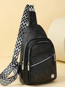 Nova bolsa transversal retrô, moderna, clássica e versátil, em tecido PU impermeável de cor sólida, com várias camadas. Possui bolso embutido, diversos compartimentos com zíper e um orifício externo para fones de ouvido. A alça de ombro com estampa de diamante é ideal para viagens, compras, uso como bolsa transversal e também como bolsa esportiva para atividades ao ar livre. - Preto - Ver 5