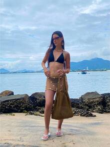 Women's Large Crochet Beach Bag, , With Shoulder Strap, Knitted, For Pool, Summer. - Lạc đà - Xem 3