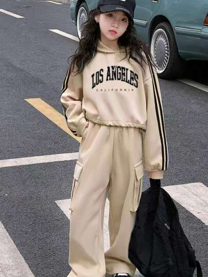 2pcs Girls Set, Girls Graphic Letter Print Hoodie, Casual Cargo Pants