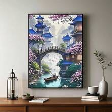 1 Set 5D Diamond Painting Kit - "Sakura Falling On Blue Eaves: Idyllic Spring Watertown With Boats On The Bridge" - Large Size Full Diamond Art DIY Diamond Painting Kit, Frameless Mosaic Full Round Acrylic Diamond Art DIY Diamond Painting Kit, Suitable For Home And Office Desktop Decor, Tabletop Decor And Wall Decor, Ideal Home Decor Gift For Living Room, Bedroom, Study - Multicolor - View 11