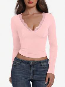 Áo thun nữ tay dài dáng crop top cổ chữ V viền ren, ôm sát, phong cách Y2K, thích hợp cho mùa Thu/Đông, Tết Dương lịch. - Màu Hồng baby - Xem 2