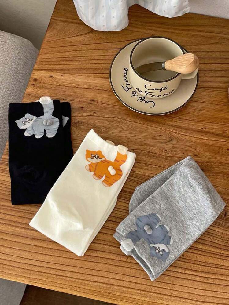 1/3足(ランダム配送) ユニセックス ノベルティソックス、抽象的な3Dネコデザインソックス、かわいい面白いネコテーマのミッドカーフソックス、快適で汎用性のある日常着用、秋のソックス - マルチカラー - 見る 5