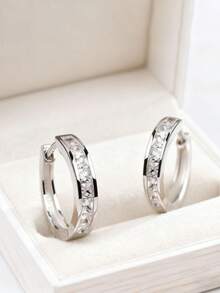 1 Pair S925 Sterling Silver Square Sparkling Cubic Zirconia Double Hoop Earrings, 1.5cm, Elegant & Casual, Suitable For Daily Wear, Traveling, Party, Comes With Delicate Gift Box - Multicolor - View 4