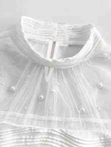 ChicMe Women's Pearl Decor Turtleneck Lantern Sleeve Sheer Mesh Patchwork Fitted Textured Top, Fashionable & Elegant For Everyday Wear - White - View 6
