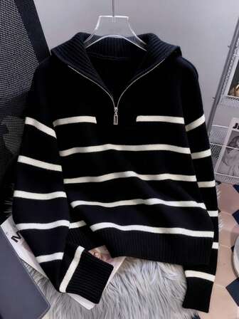 女士条纹休闲拉链宽松针织衫，翻领，长袖