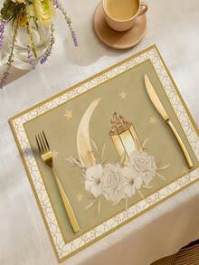 1 pièce Napperon en lin imprimé avec lampe à huile de lune - Tapis de table décoratif de style occidental, résistant à la chaleur/brûlure et antidérapant, idéal pour les tasses à café/thé, bols et vaisselle, parfait pour le dîner à la maison, le thé de l'après-midi, les dîners entre amis, l'utilisation dans un café et la décoration de la table de cuisine - Multicolore - Voir 3