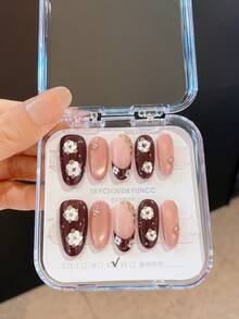 10pcs Handmade Acrylic Nail Stickers, Suitable For Autumn/Winter, Round Shape, Autumn Nail Art Design, Press-On Nails, Short Press-On Nails, False Nails, Short Acrylic Press-On Nails, Handmade Press-On Nails, Removable And Reusable - Multicolor - View 3