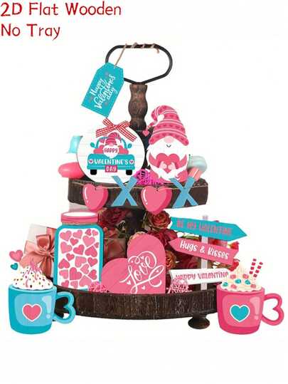 14pcs Valentine'S Day Wooden Layered Tray Kit Decoration, Gnome XOXO Flag Design Romantic Decoration, Valentine'S Day Gift, Suitable For Home, Desktop, Bedroom, Party, Atmosphere Decoration (No Tray & Stand)