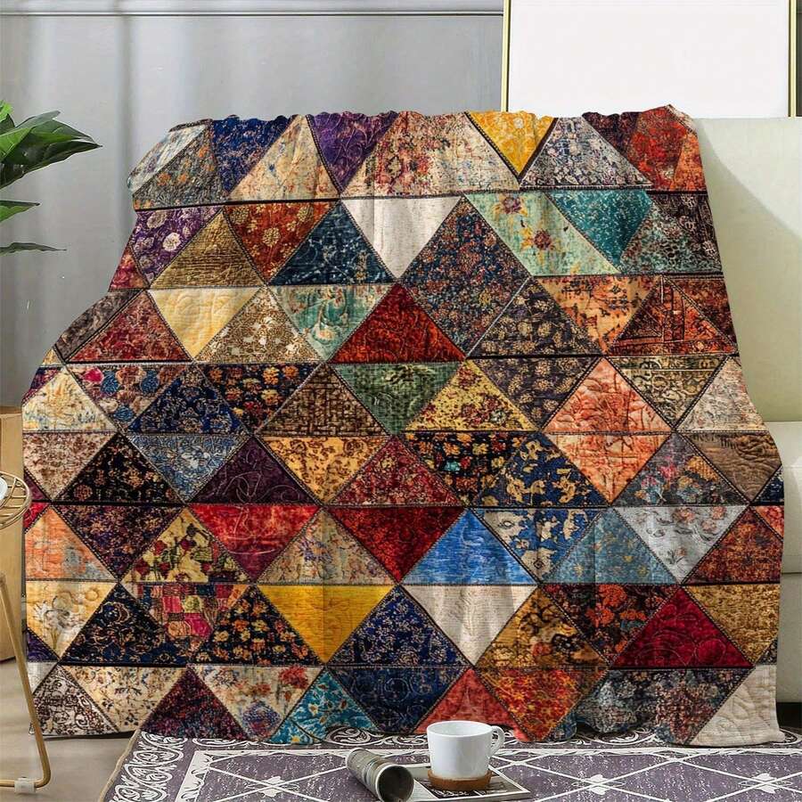 Vintage Patchwork Quilt Flannel Throw Blanket | AllSeason Bedspread With Multicolor Geometric Patchwork, Brown/Green/Red, 59"X78.7" Large Cozy Blanket For Bed, Camping, Travel, Retro Bedding Acc - 混合 - 查看 1