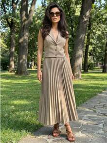 Women's Tailored Set Vest + Elegant Pleated Skirt In 6 Colors S M L) Blingbling, Elegant, Casual. With Button Closure Ideal For Evening, Party And Graduation - 米色 - 查看 4