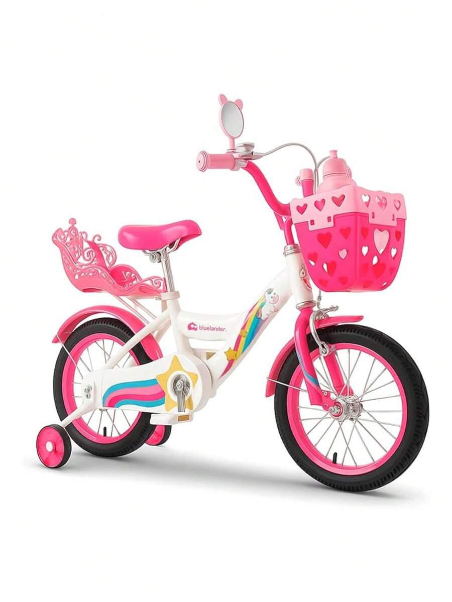 Bicicleta Infantil Rosa, Rodada 14 con Ruedas de Entrenamiento, Canastilla, Asiento y Manubrio Ajustable, Ideal para Niñas de 3 a 5 Años. Bluelander - Rosa - Ver 1