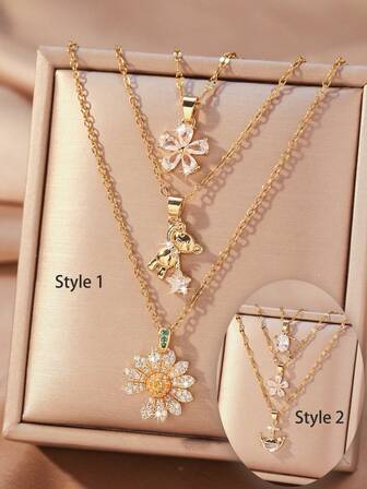 Set de 3 piezas! Collares de estilo floral de margarita de lujo y nicho lindo, totalmente incrustados con circonita, de varios estilos, adecuados para uso diario, citas, fiestas y uso en capas, cadenas populares para la clavícula