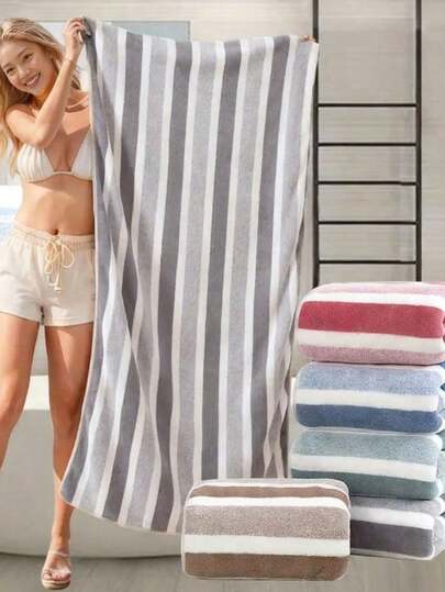 1 pieza Toalla de baño (disponible en múltiples colores), diseño de rayas minimalista, hecha de fibra de poliéster, tamaño 70*140cm o 75*35cm, también disponible 1 pieza toalla de mano de 30*30cm. Adecuado para hombres, mujeres y todas las edades, ideal para uso doméstico, altamente absorbente y de secado rápido, textura suave. Apto para todas las estaciones, aplicable a baño, hotel, gimnasio, viaje, fiesta, actividades al aire libre, piscina, playa, salón de belleza, etc.