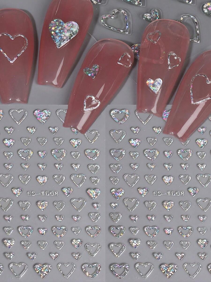 2pcs Aurora Love Heart Nail Art Stickers - 5D Holographic Sequins, Self-Adhesive Decals For DIY Manicures, Perfect For Weddings & Parties, Fantasy, Embossed, Decoration - 銀色 - 查看 1